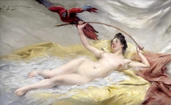 François Paul Auguste Quinsac - Donna sdraiata con pappagallo